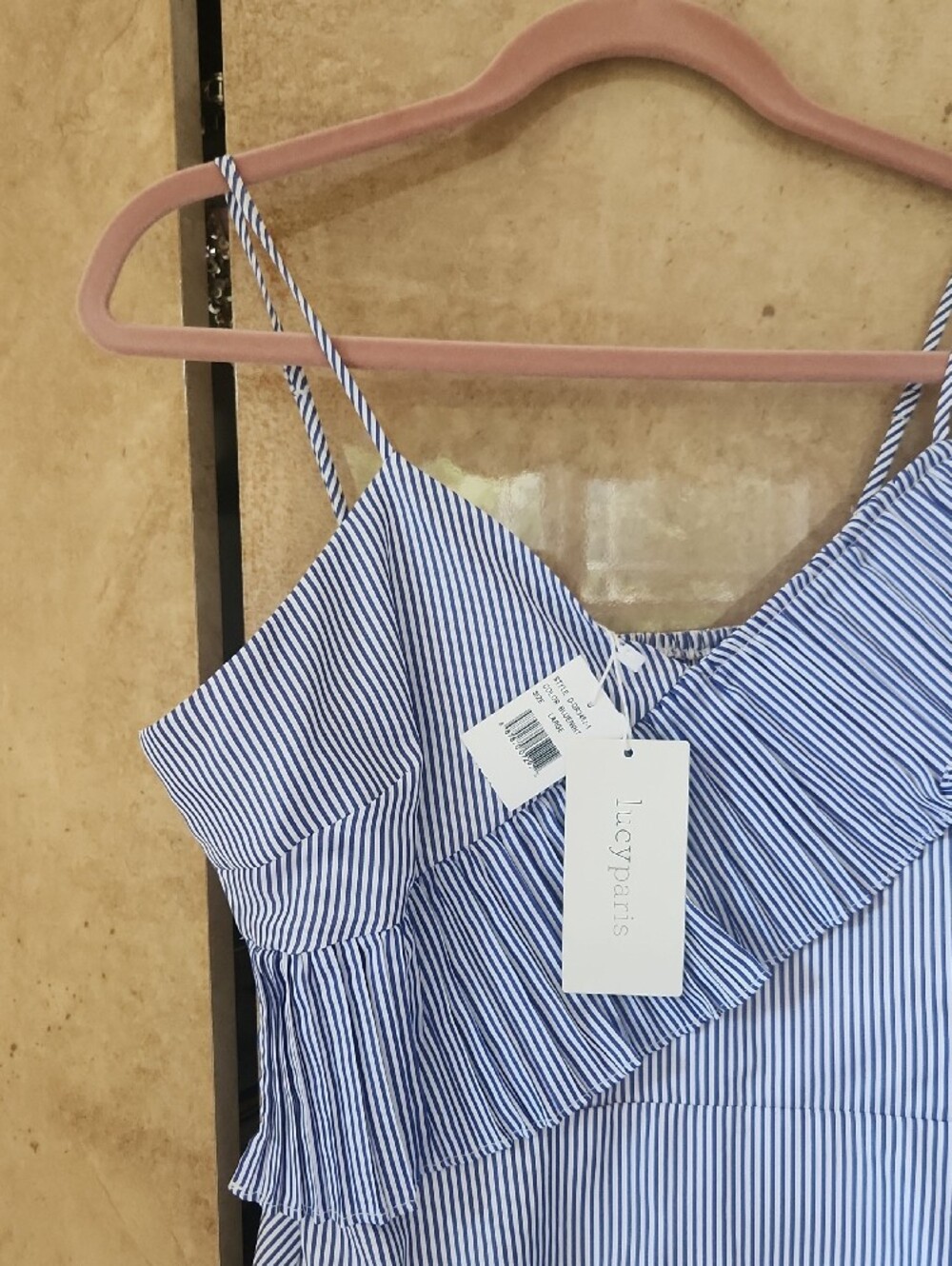 SALE-NWT- Lucy Paris Blue and White Striped One-Shoulder Ruffle Dress - Picture 4 of 7